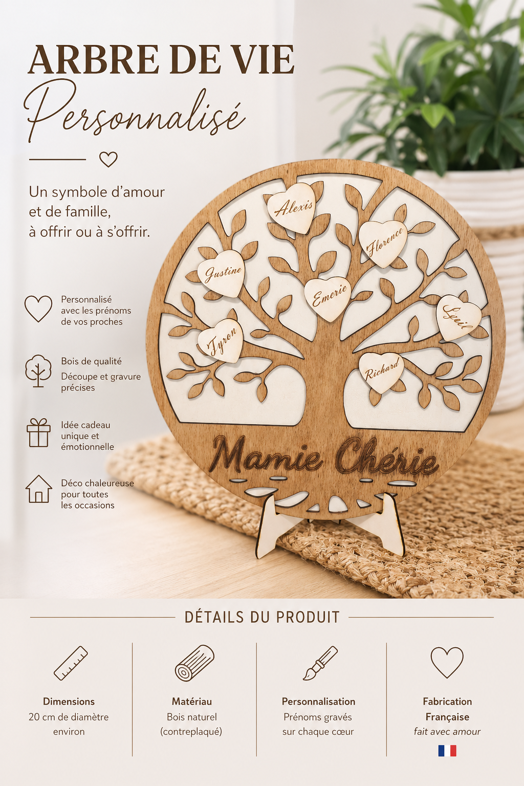 Arbre de Vie Personnalisé en Bois – Prénoms Gravés | Cadeau Famille Unique