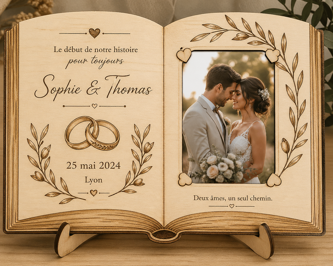 Cadre mariage personnalisé en bois – Livre ouvert gravé avec photo – Souvenir unique couple