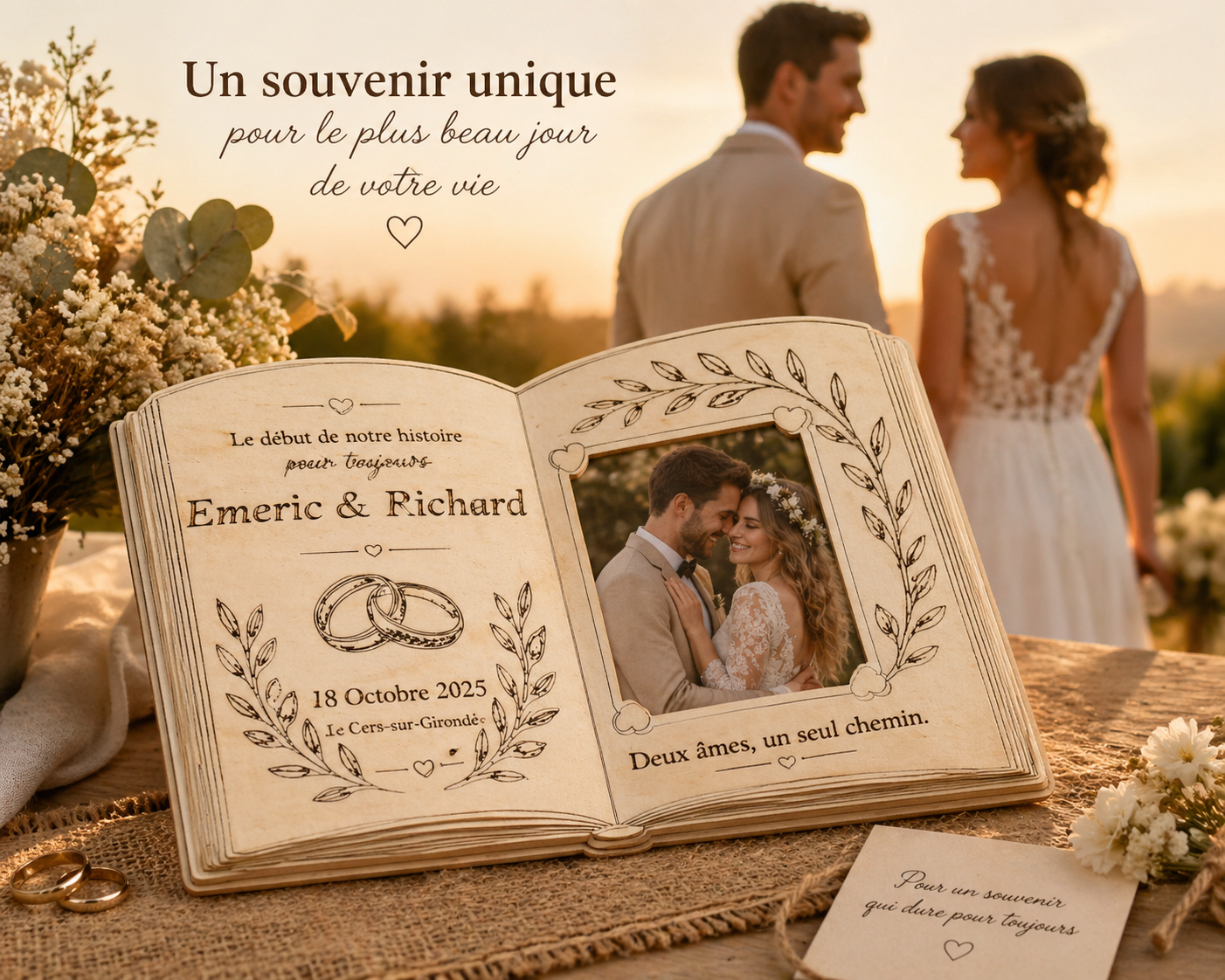 Cadre mariage personnalisé en bois – Livre ouvert gravé avec photo – Souvenir unique couple
