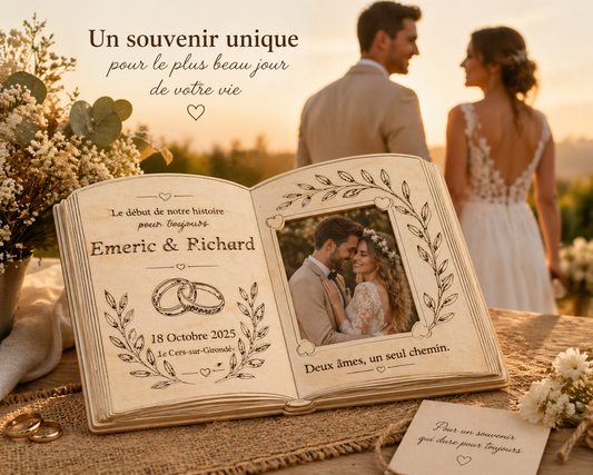 Cadre mariage personnalisé en bois – Livre ouvert gravé avec photo – Souvenir unique couple