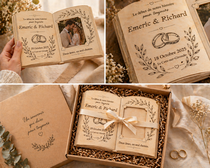 Cadre mariage personnalisé en bois – Livre ouvert gravé avec photo – Souvenir unique couple
