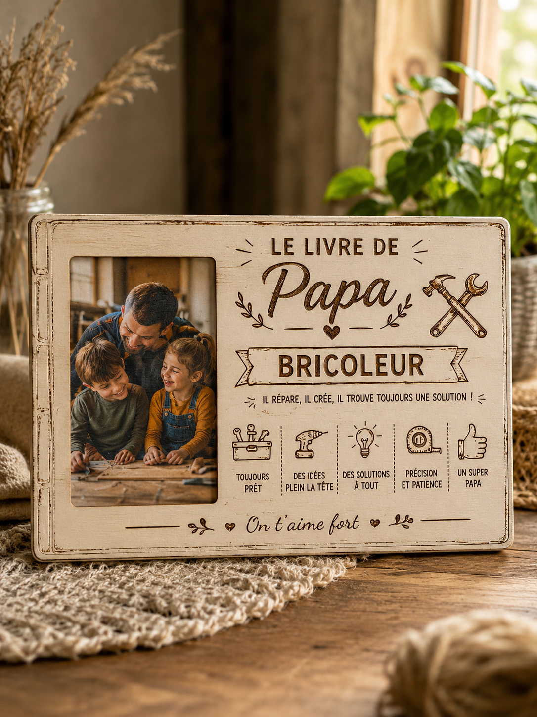 Cadeau Fête des Pères Personnalisé avec Photo | Plaque Bois Gravée Papa | Cadeau Papa Original | Décoration Bois Personnalisée