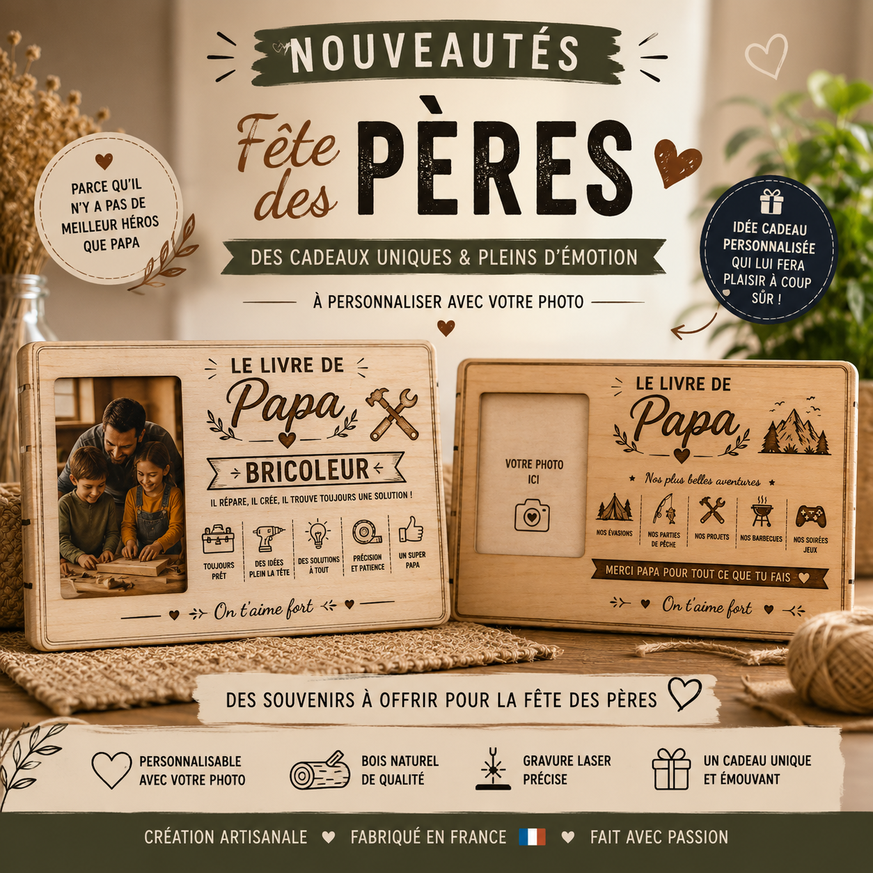 Cadeau Fête des Pères Personnalisé avec Photo | Plaque Bois Gravée Papa | Cadeau Papa Original | Décoration Bois Personnalisée