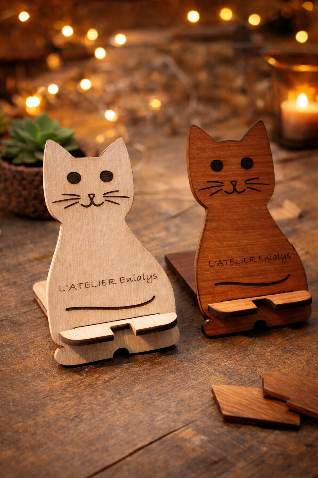 Support de téléphone en bois personnalisable – Chat en bois par L'atelier Enialys