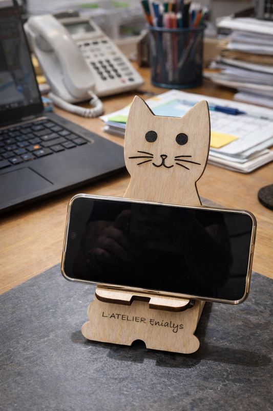 Support de téléphone en bois personnalisable – Chat en bois par L'atelier Enialys