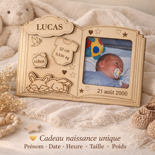 Cadre naissance personnalisé en bois – Livre photo bébé avec prénom, date et photo