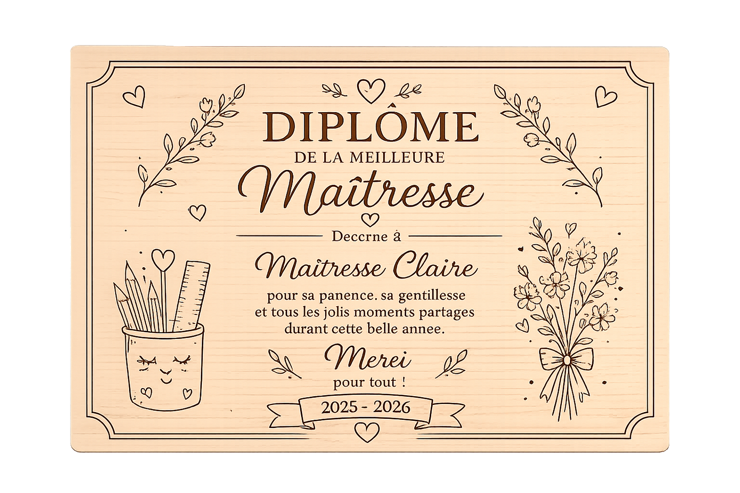 Diplôme Maîtresse Personnalisé en Bois – Cadeau Fin d’Année Scolaire