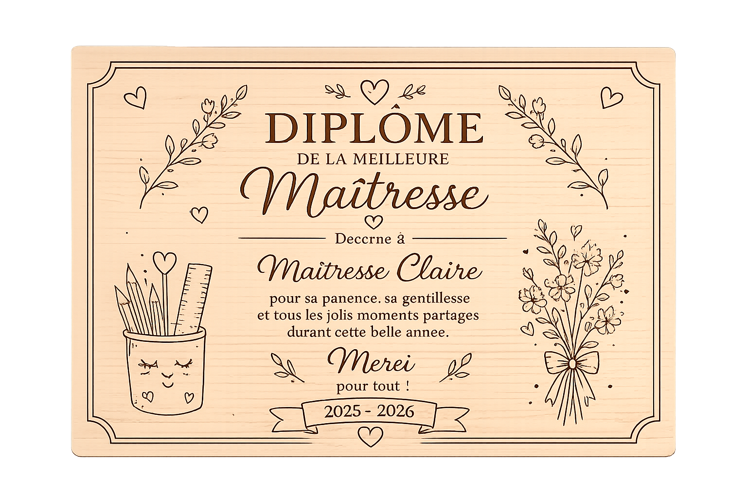Diplôme Maîtresse Personnalisé en Bois – Cadeau Fin d’Année Scolaire