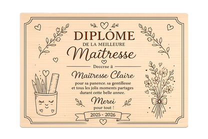 Diplôme Maîtresse Personnalisé en Bois – Cadeau Fin d’Année Scolaire