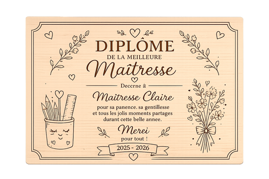 Diplôme Maîtresse Personnalisé en Bois – Cadeau Fin d’Année Scolaire
