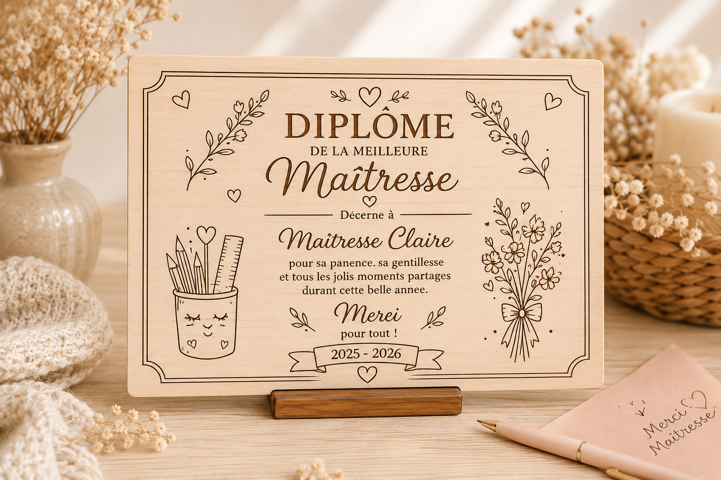 Diplôme Maîtresse Personnalisé en Bois – Cadeau Fin d’Année Scolaire