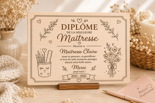Diplôme Maîtresse Personnalisé en Bois – Cadeau Fin d’Année Scolaire