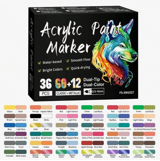 Feutres Acryliques Double Pointe – 72 Couleurs (36 Feutres)