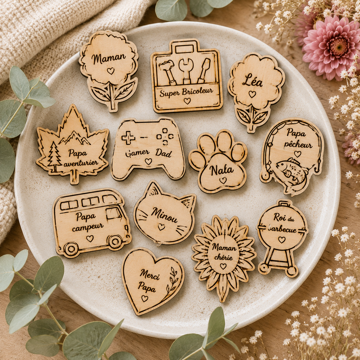 Magnets en bois personnalisés | Aimants gravés personnalisables | Prénom, animaux, passions & cadeaux uniques