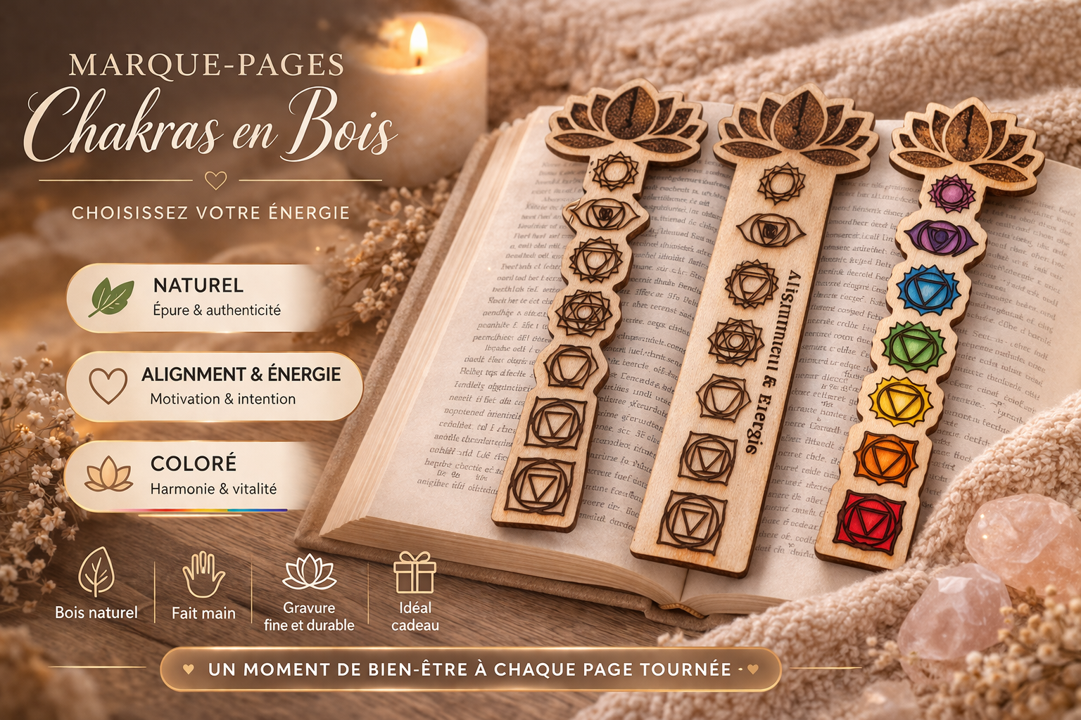 marque page bois chakras gravé