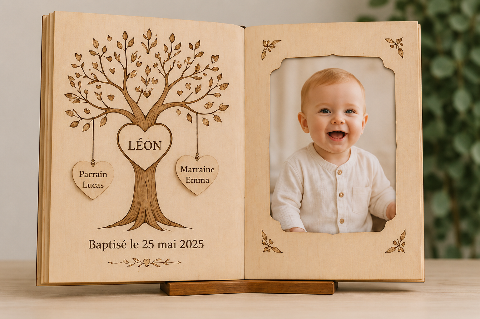 Livre de Baptême Personnalisé en Bois – Arbre de Vie avec Photo | Cadeau Parrain Marraine