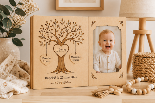 Livre de Baptême Personnalisé en Bois – Arbre de Vie avec Photo | Cadeau Parrain Marraine
