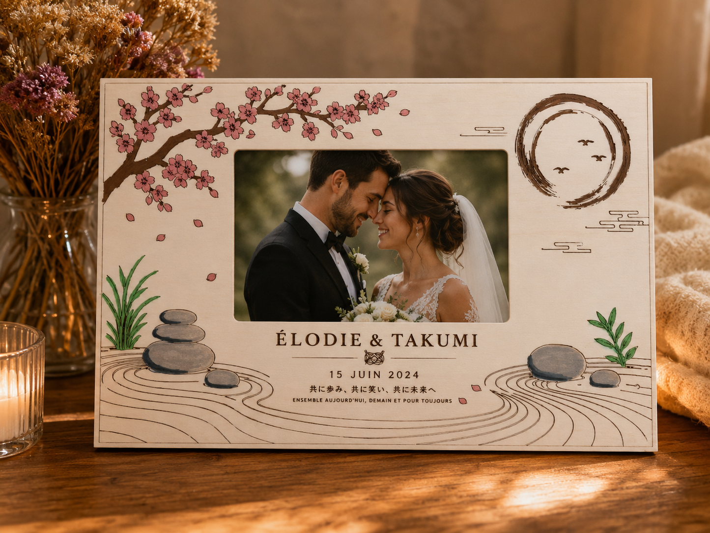 Cadre de mariage japonais personnalisé en bois