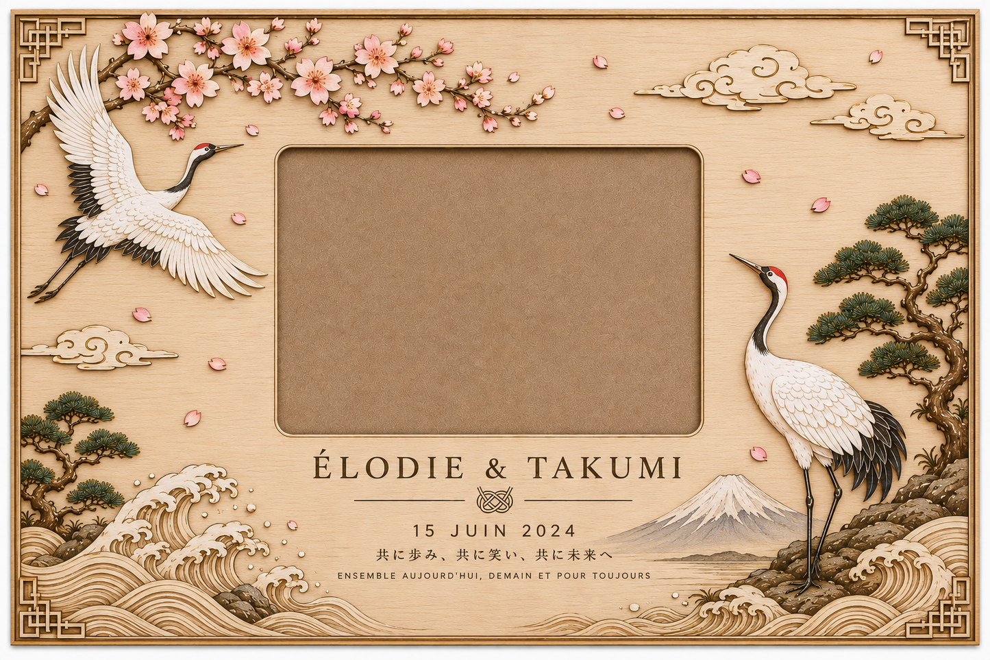 Cadre de mariage japonais personnalisé en bois