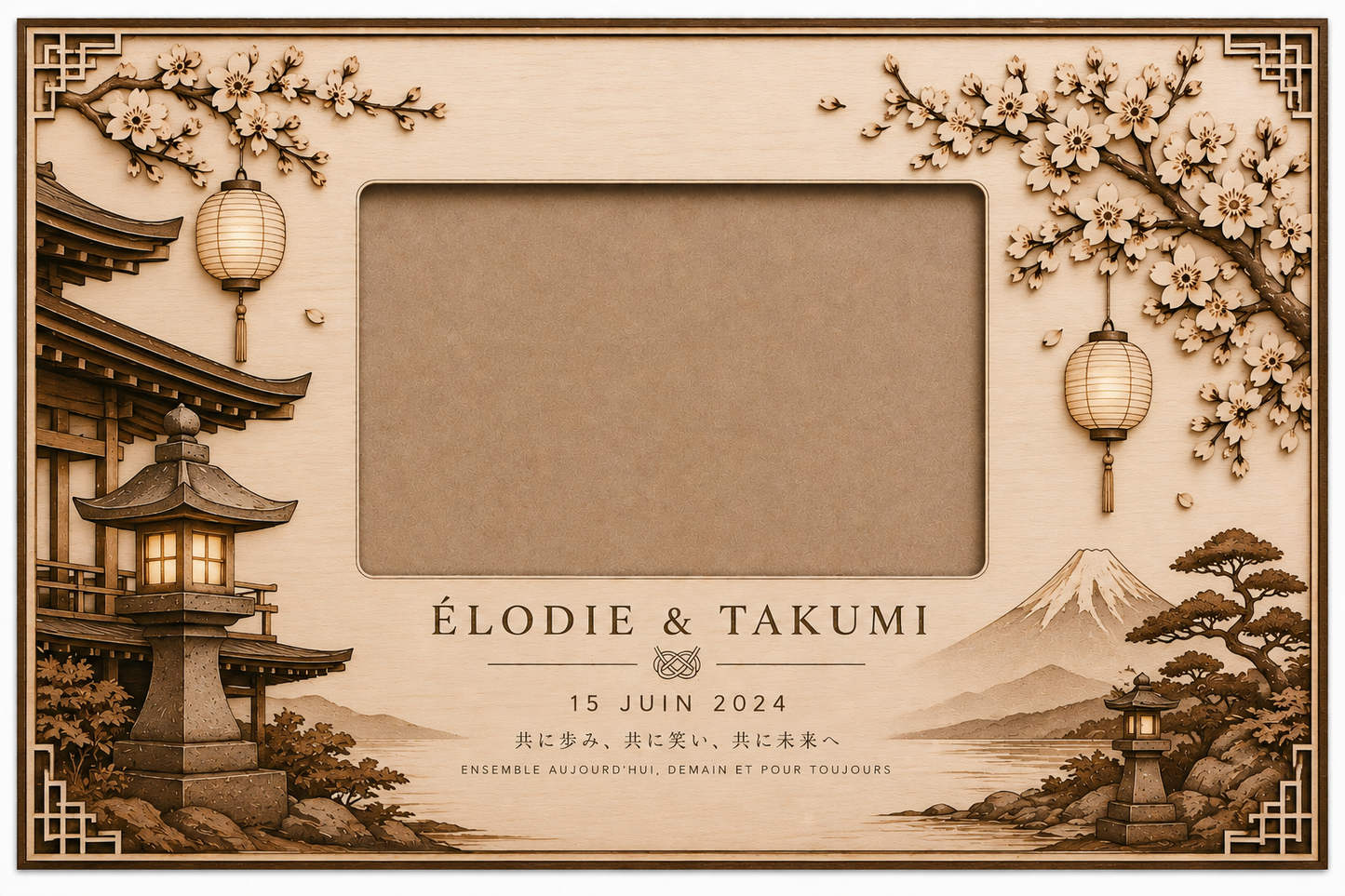 Cadre de mariage japonais personnalisé en bois