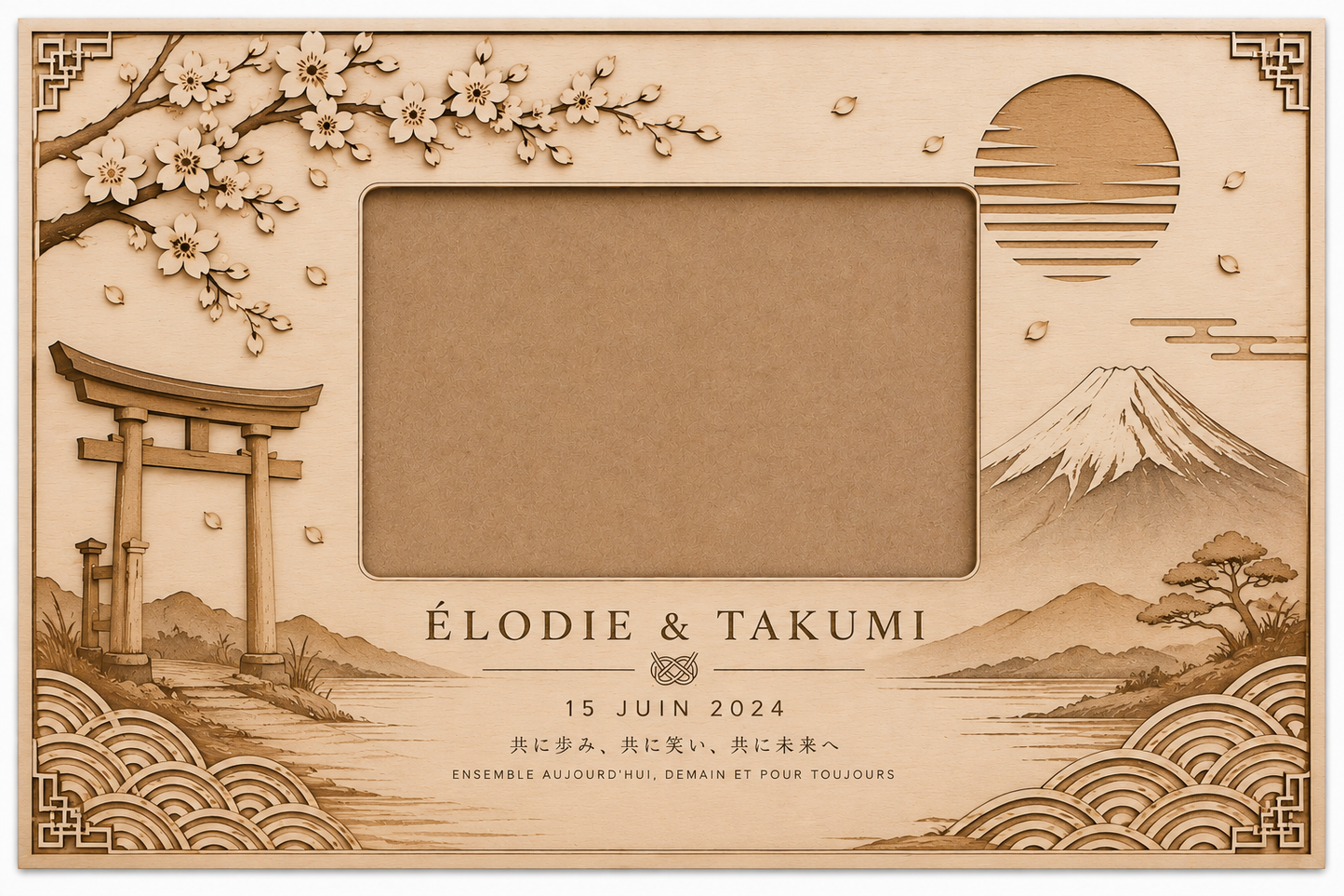Cadre de mariage japonais personnalisé en bois