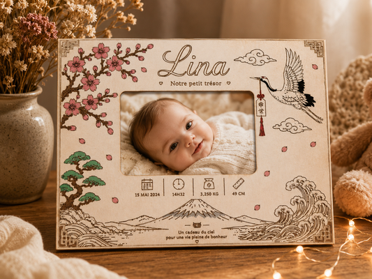 Cadre de naissance japonais personnalisé en bois
