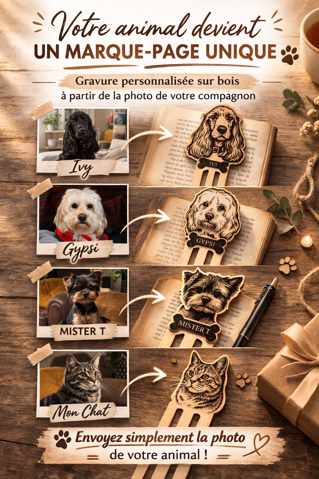 Marque-page animal gravé personnalisé – Gravure sur bois à partir de votre photo