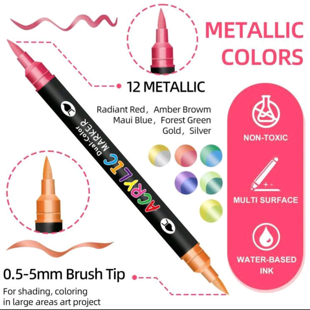 Feutres Acryliques Double Pointe – 24 Couleurs (12 Feutres)